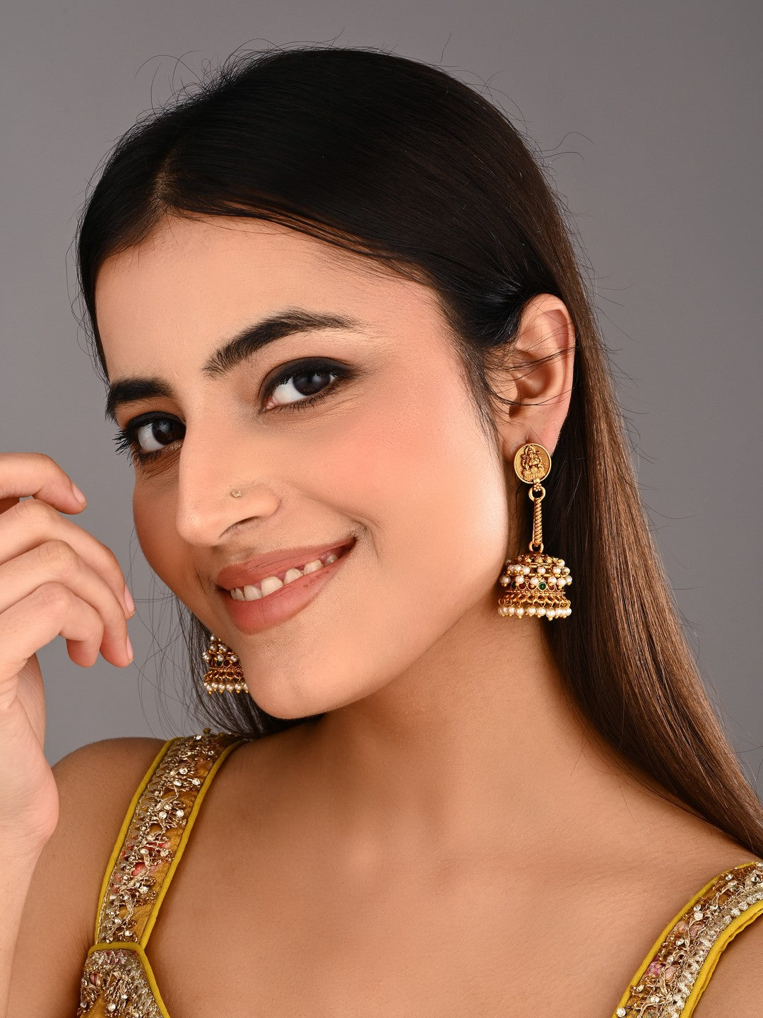 Lakshmi Motif Pearl Jhumka Earrings