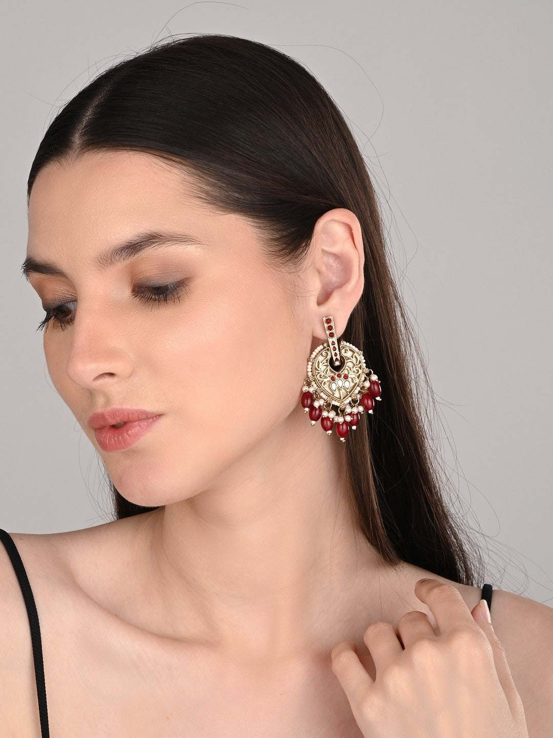 Pear-Shaped MOP Drop Earrings with Red Pearl Charm