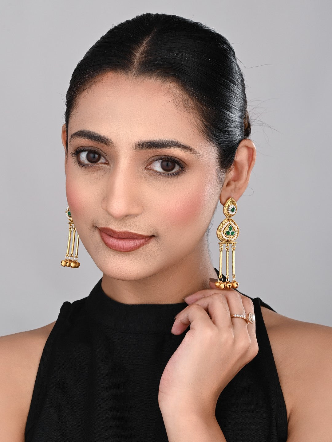 Antique Gold Temple Drop Earrings Green