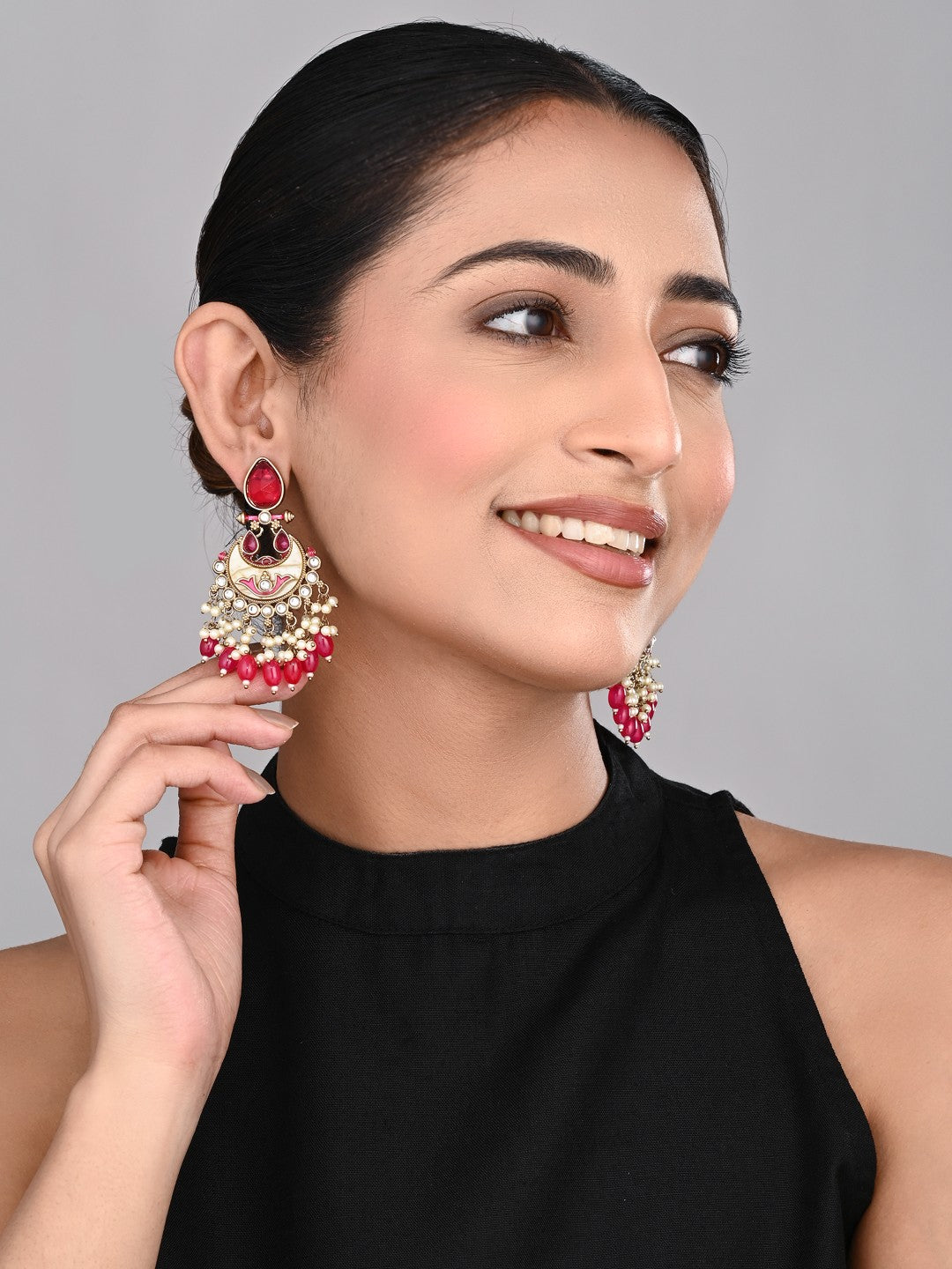 Gold-Plated Meenakari Stud Earrings with Kundan & Pearl Cluster drops - pink