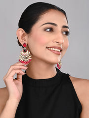 Gold-Plated Meenakari Stud Earrings with Kundan & Pearl Cluster drops - pink