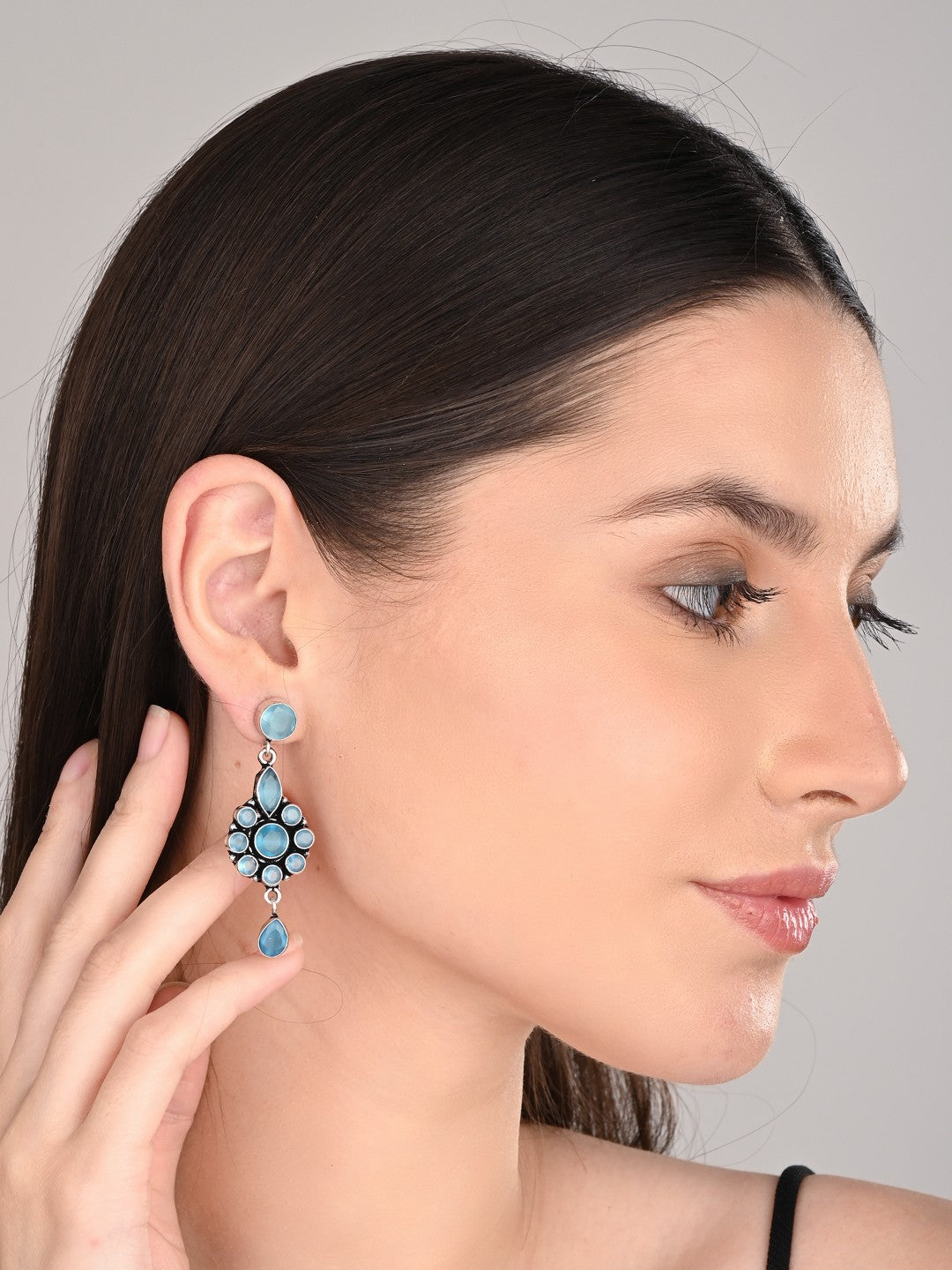 Brass Blue AD Stone Drop Earrings with Floral & Teardrop Design