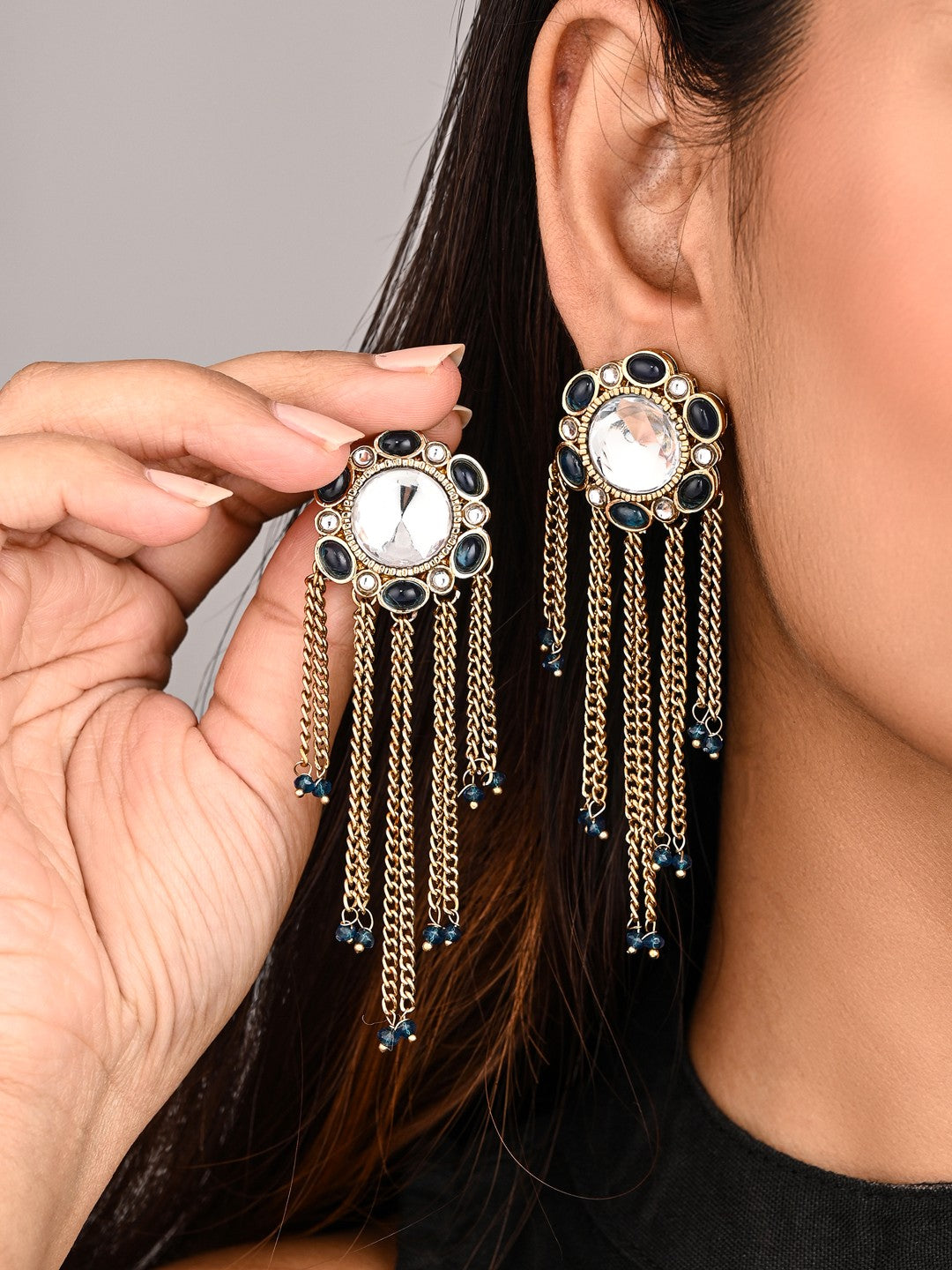 Kundan Tassel Drop Earrings - Blue