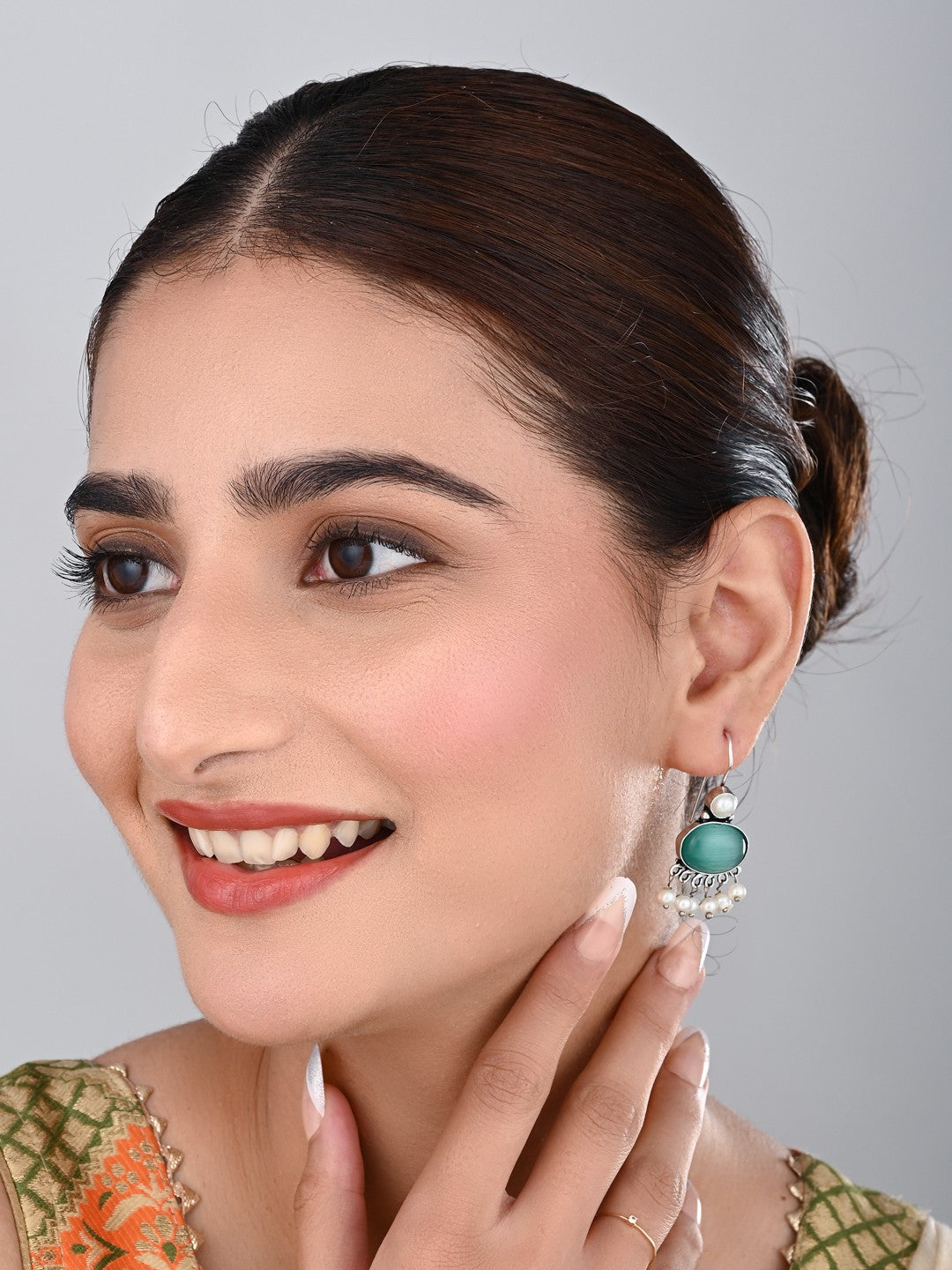 Sage green Stone Pearl Fringe Drop Earrings