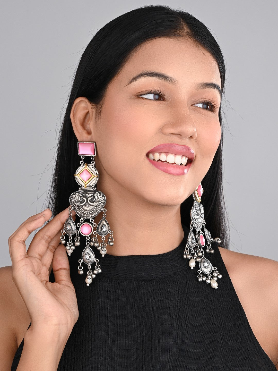 Silver oxydised lightweight long Drop Earring with Pink Stone