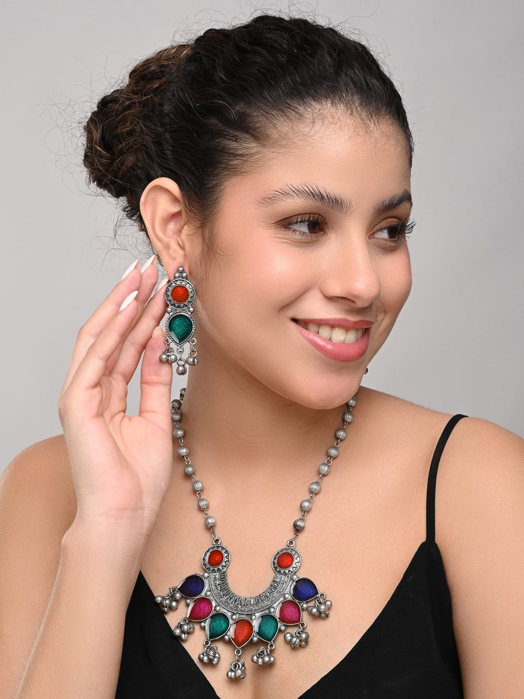 Silver Oxydised finish Crescent Pendant necklace set