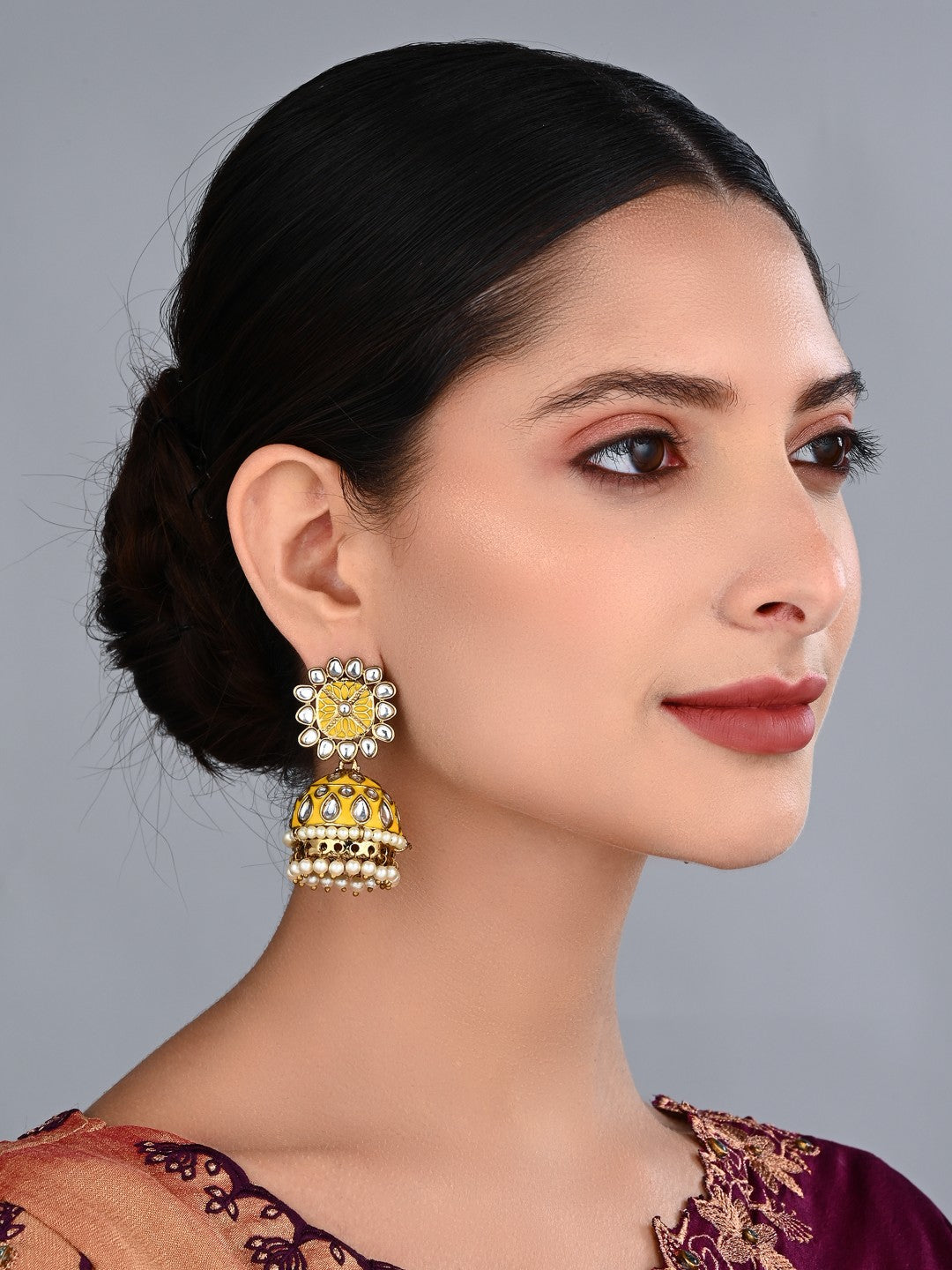 Kesari Yellow Meenakari Jhumka Earrings