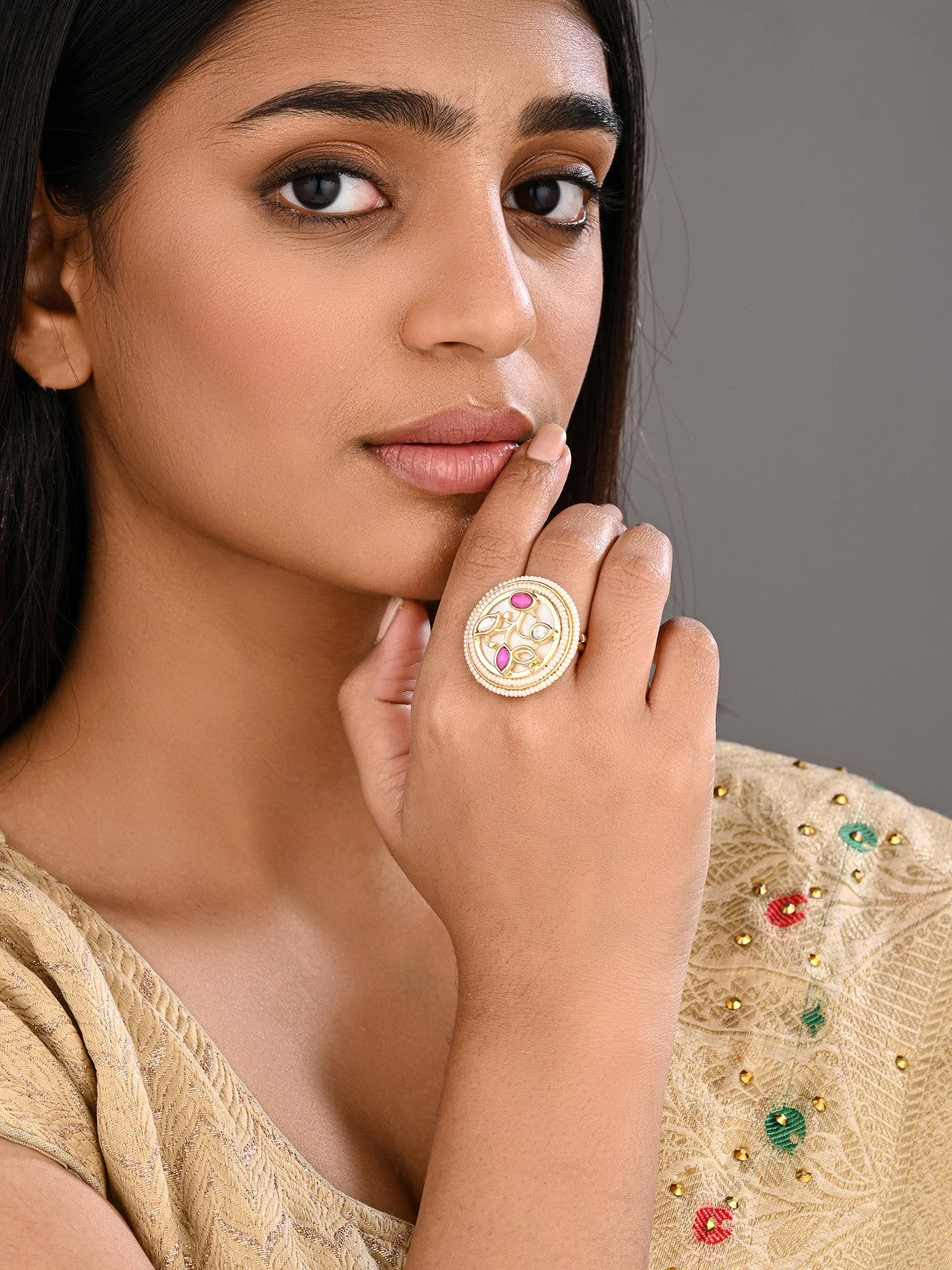 Ruby Branch Kundan Pearl Ring