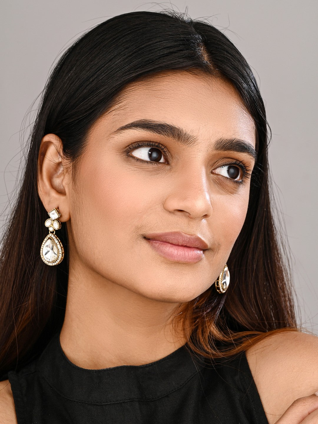 Gold-Toned Teardrop Kundan Crystal Drop Earrings for Women