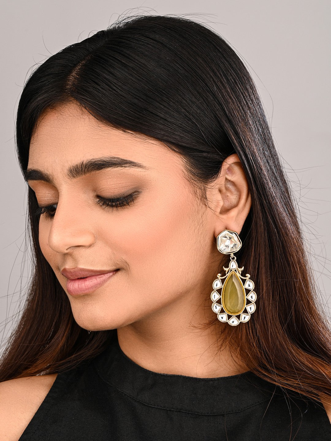 Gold-Plated Yellow Kundan Teardrop Earrings for Women