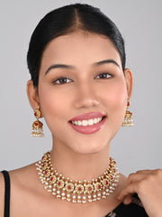 Gold-Plated Kemp Stone Necklace Set with Jhumka Earrings Red