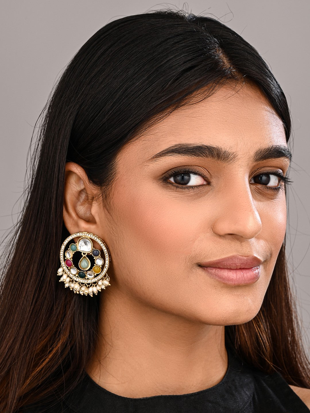 Regal Kundan Pearl Chandbali Earrings - Multi