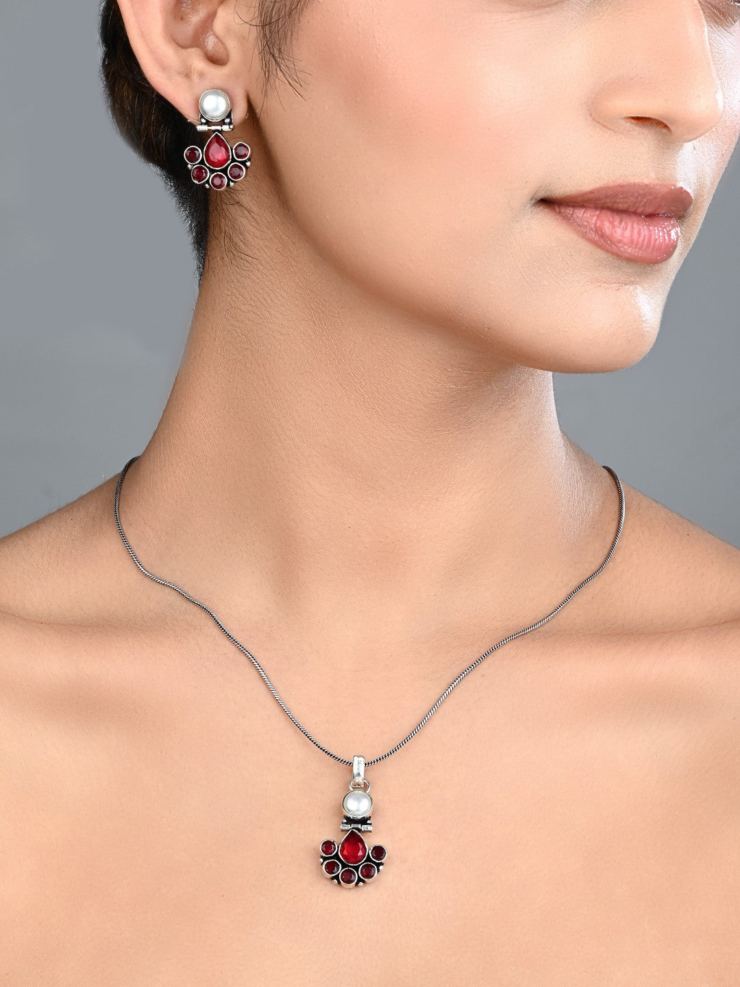 Floral Crystal Pendant Necklace Set with Matching Stud Earrings - Red