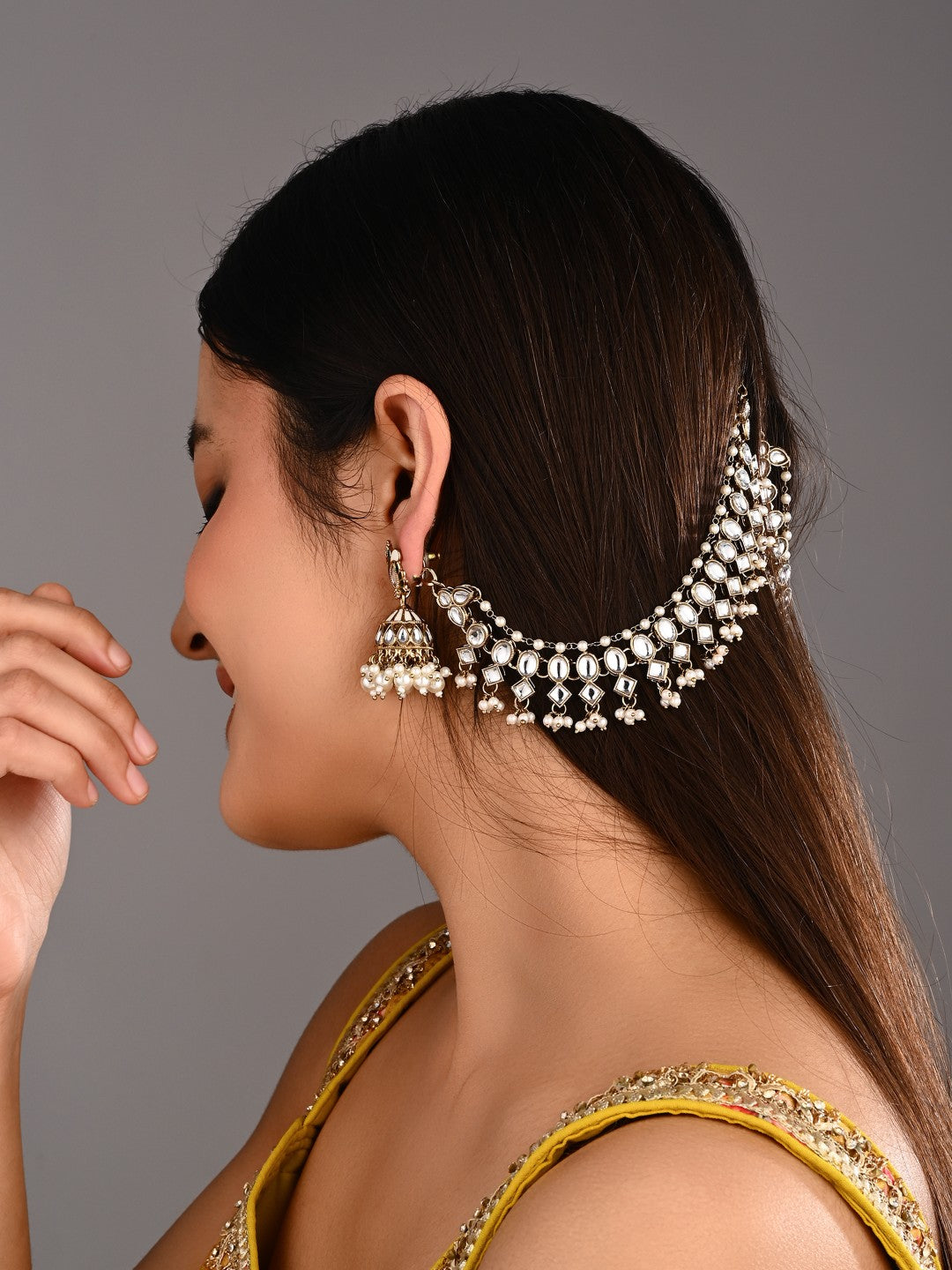 Kundan & Beads double layered ear chains