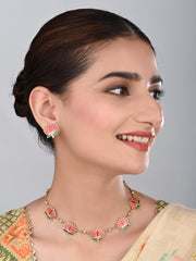 Gold Plated Delicate Lotus Necklace Set - Red
