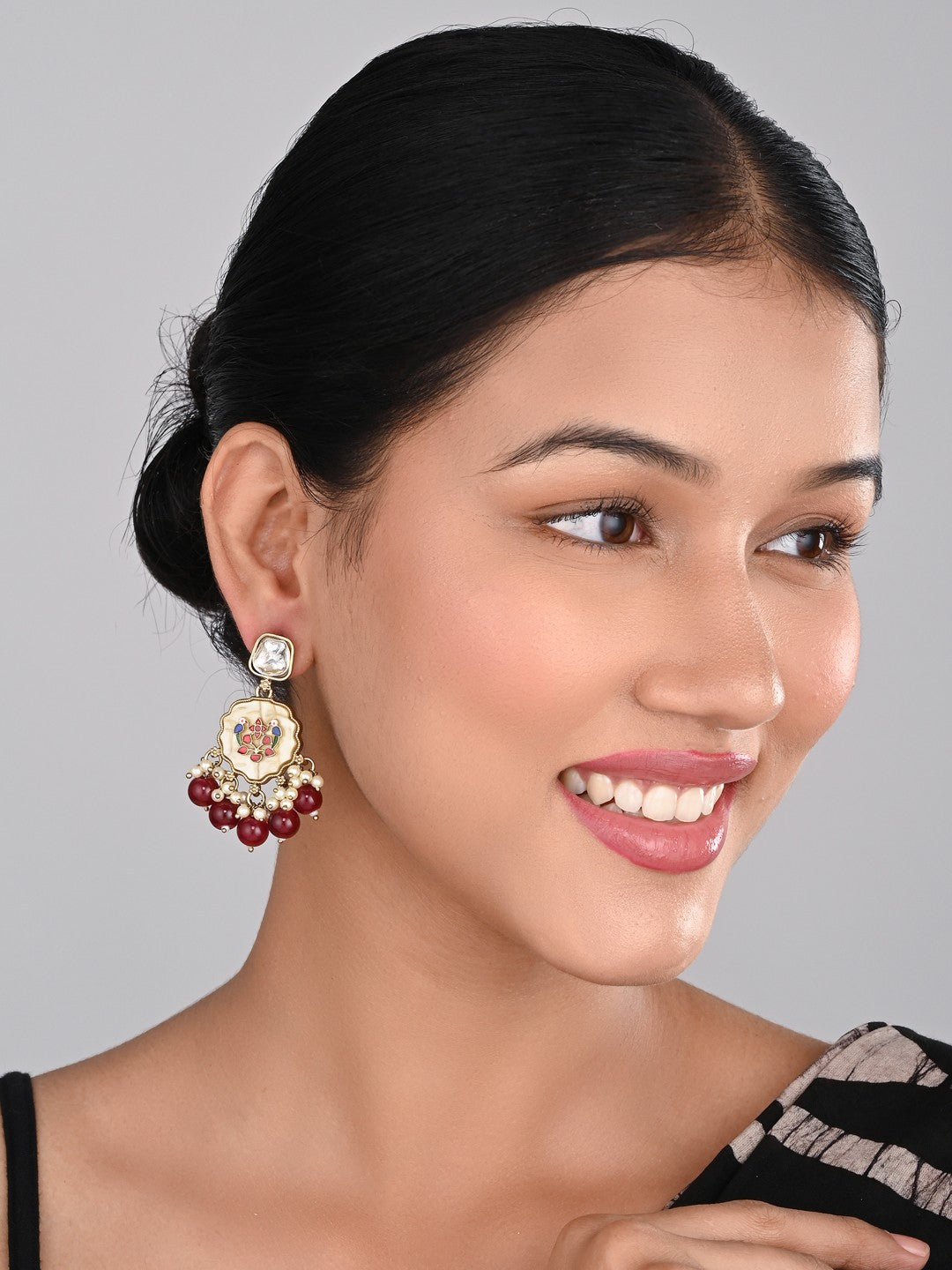 Contemporary kundan, MOP & Meenakari Drop Earring Red