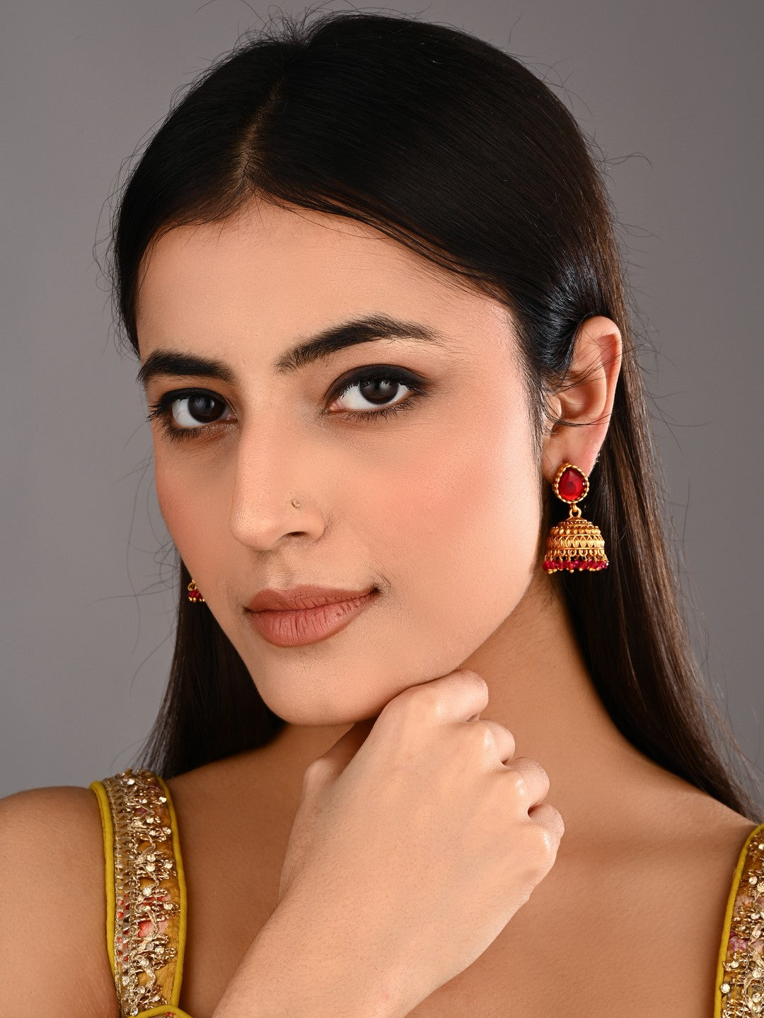 Teardrop Shaped Gold plated Jhumkas Earrings Red