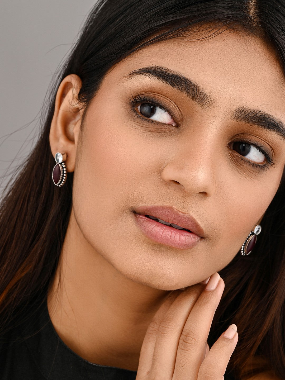 Silver-Tone Maroon Stone Statement Earring