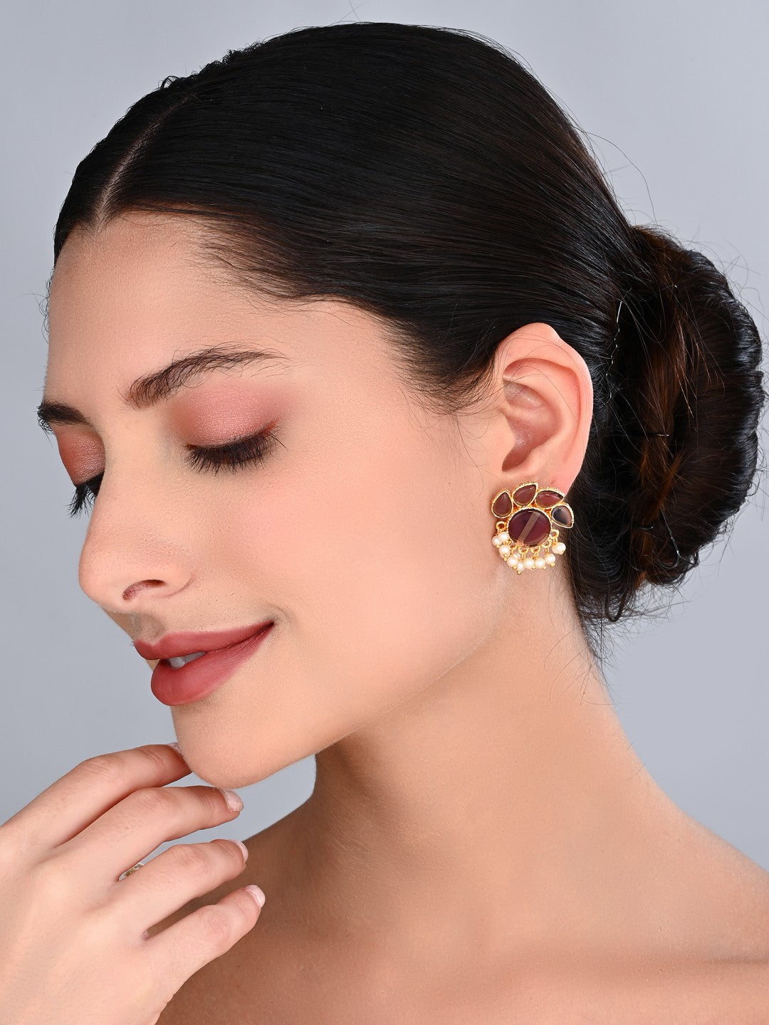 Stone Gold-Toned Earrings with Pearl Drops - Purple