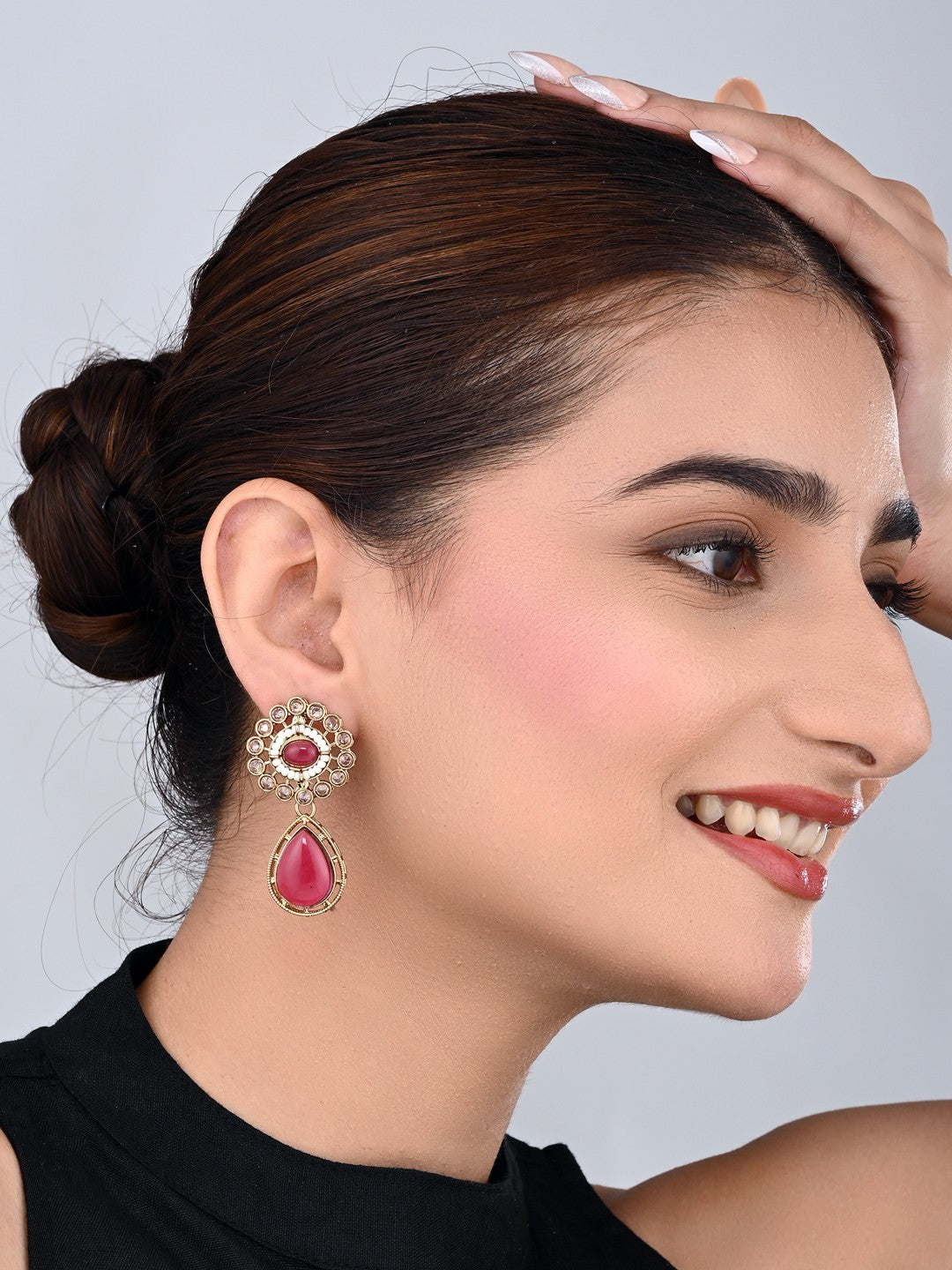 Gold plated Flower Stud with tear drop earring - Pink