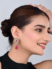 Gold plated Flower Stud with tear drop earring - Pink