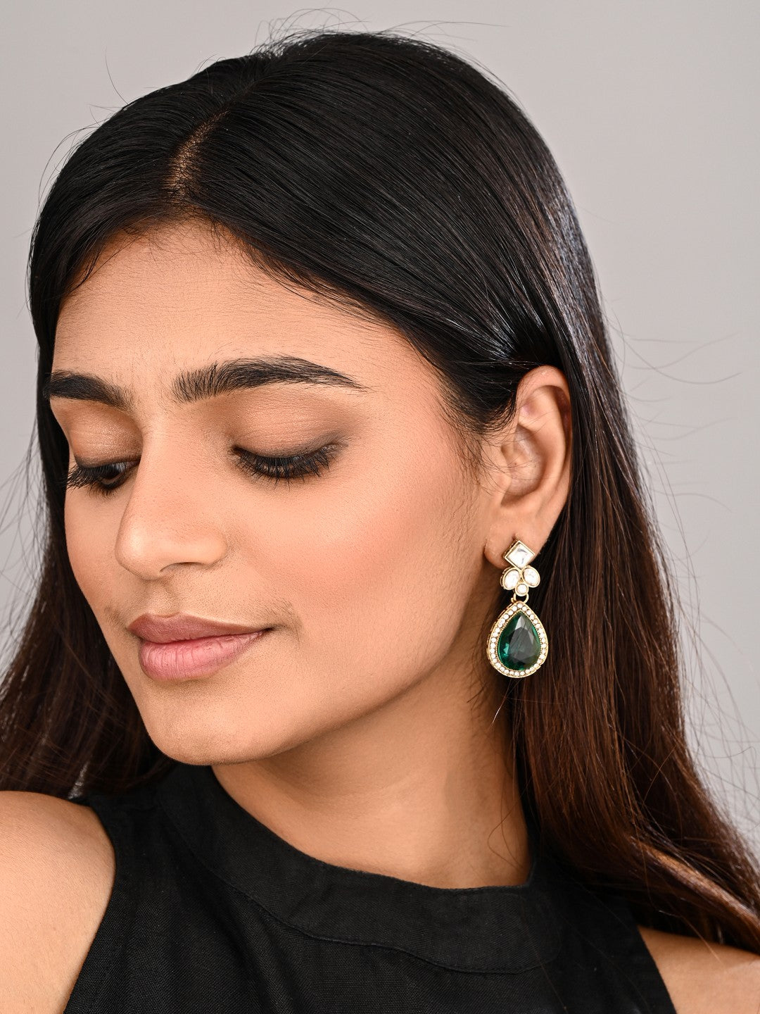 Gold-Toned Teardrop Kundan Crystal Drop Earrings for Women Blue