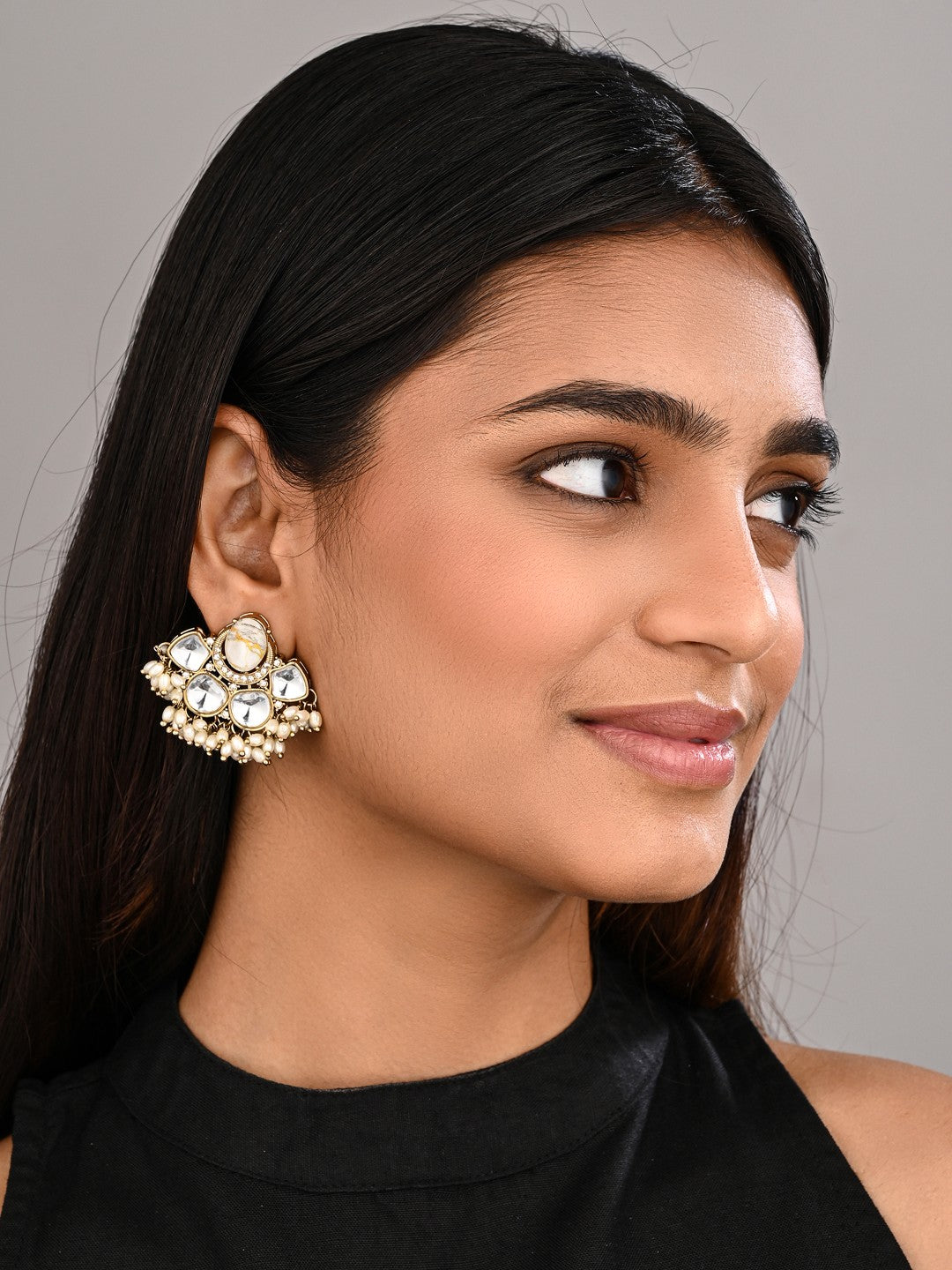 Gold-Plated White Kundan Half Chandbali Earrings
