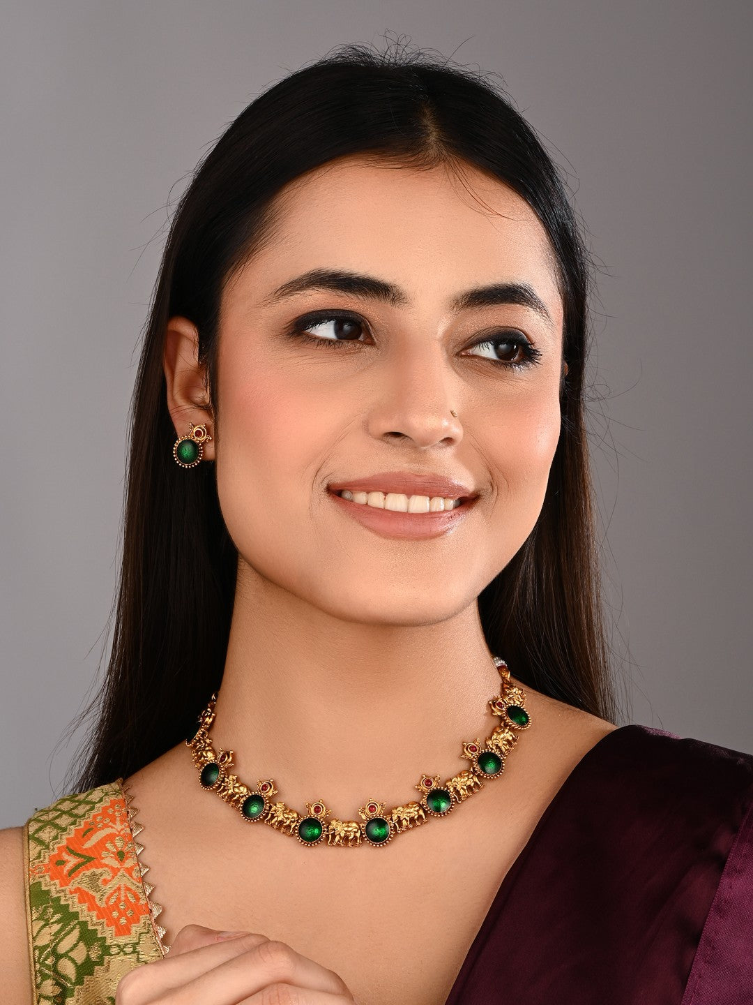 Gold plated Meenakari & Elephant Motif Necklace set - Green