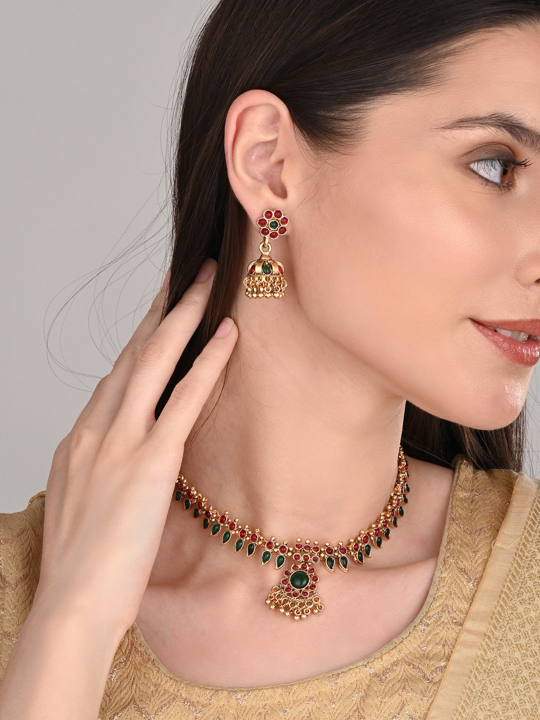 Red & green stone traditional necklace set