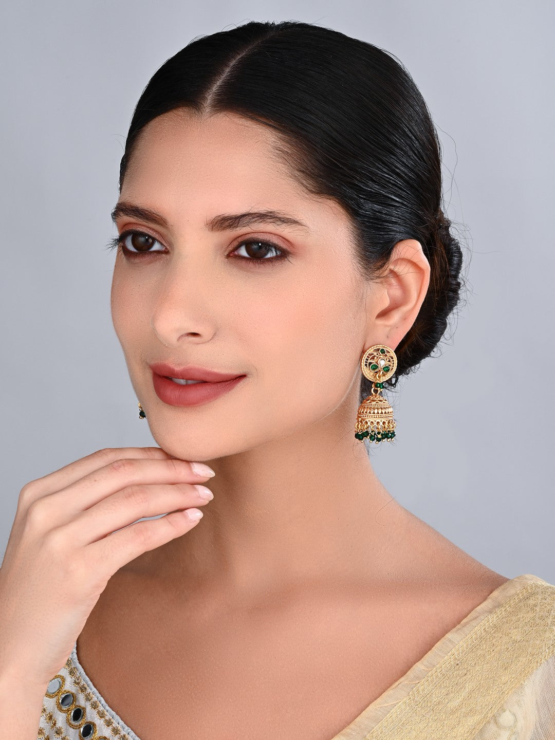 Green Stone Gold-Toned Jhumka Earrings
