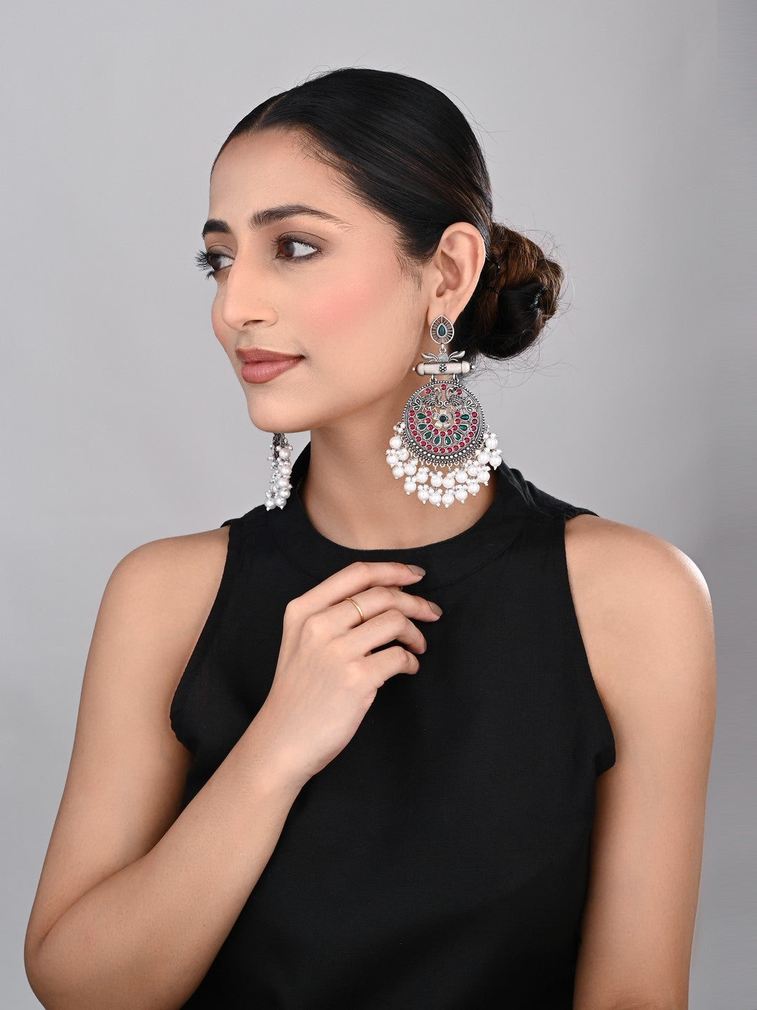 Oxidised Silver Meenakari Peacock Earrings Multi