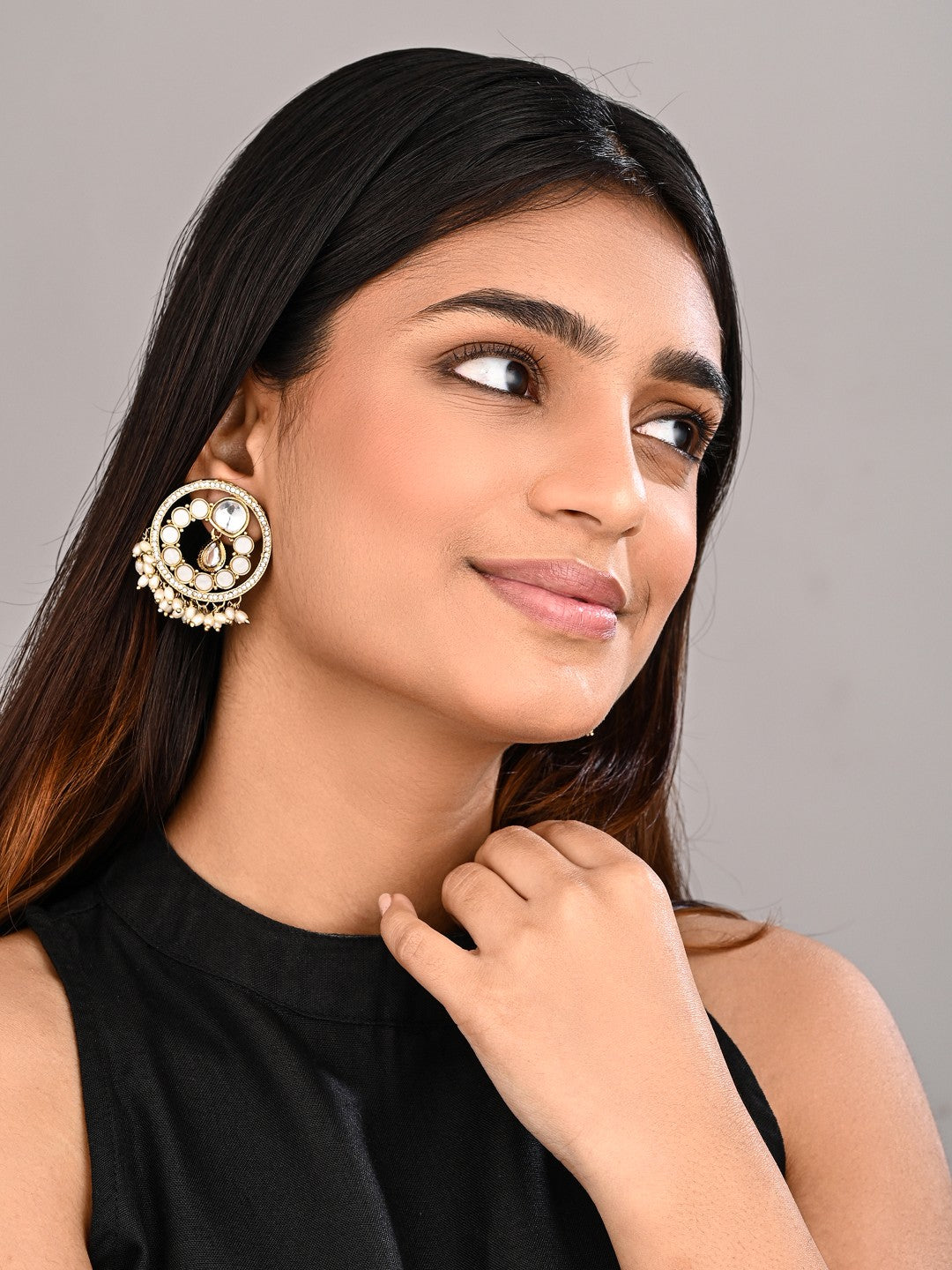 Regal Kundan Pearl Chandbali Earrings - White