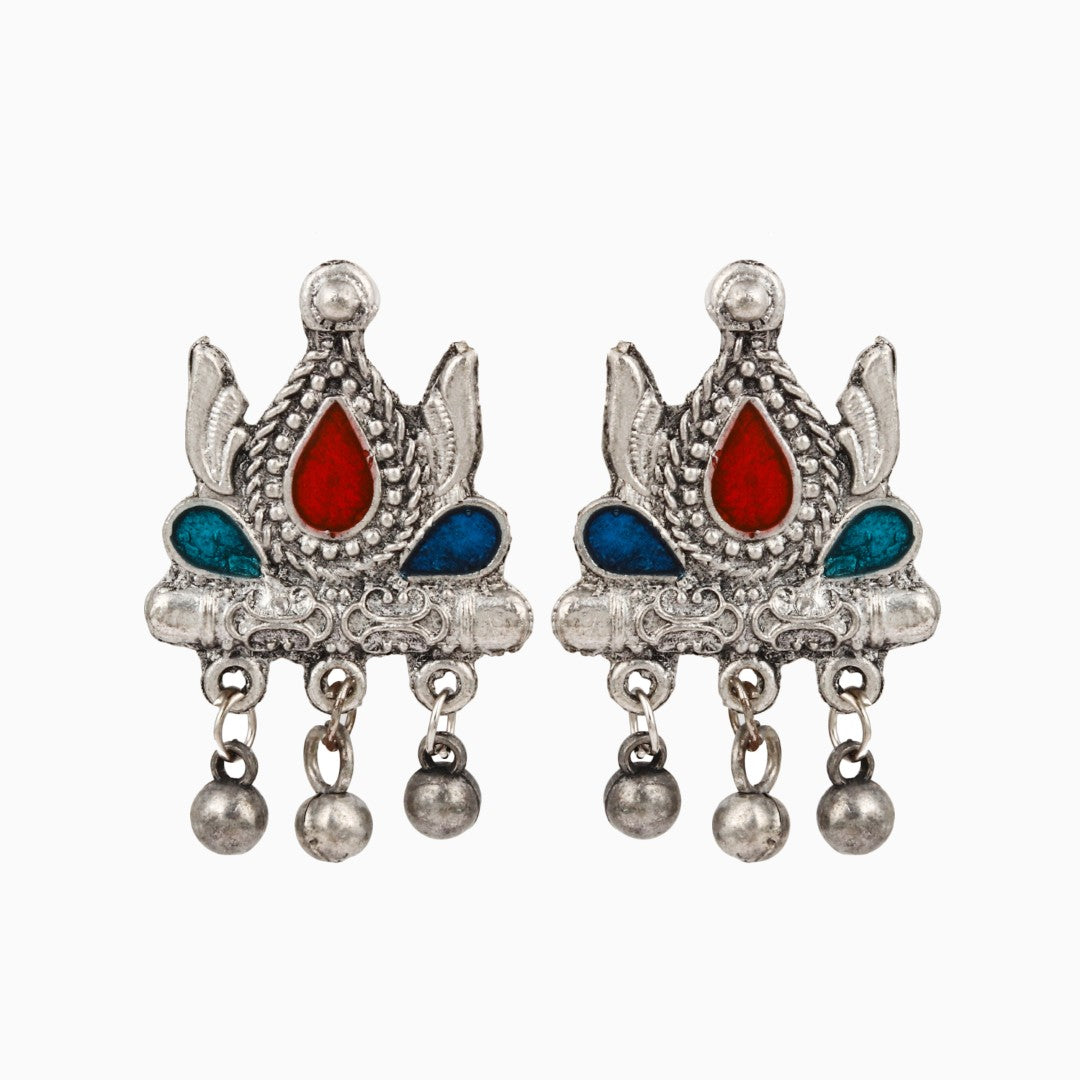 Silver Oxydised finish necklace set with colourful Meenakari