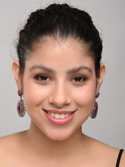 Elegant Oval Drop Earrings – Silver Oxidised Finish red