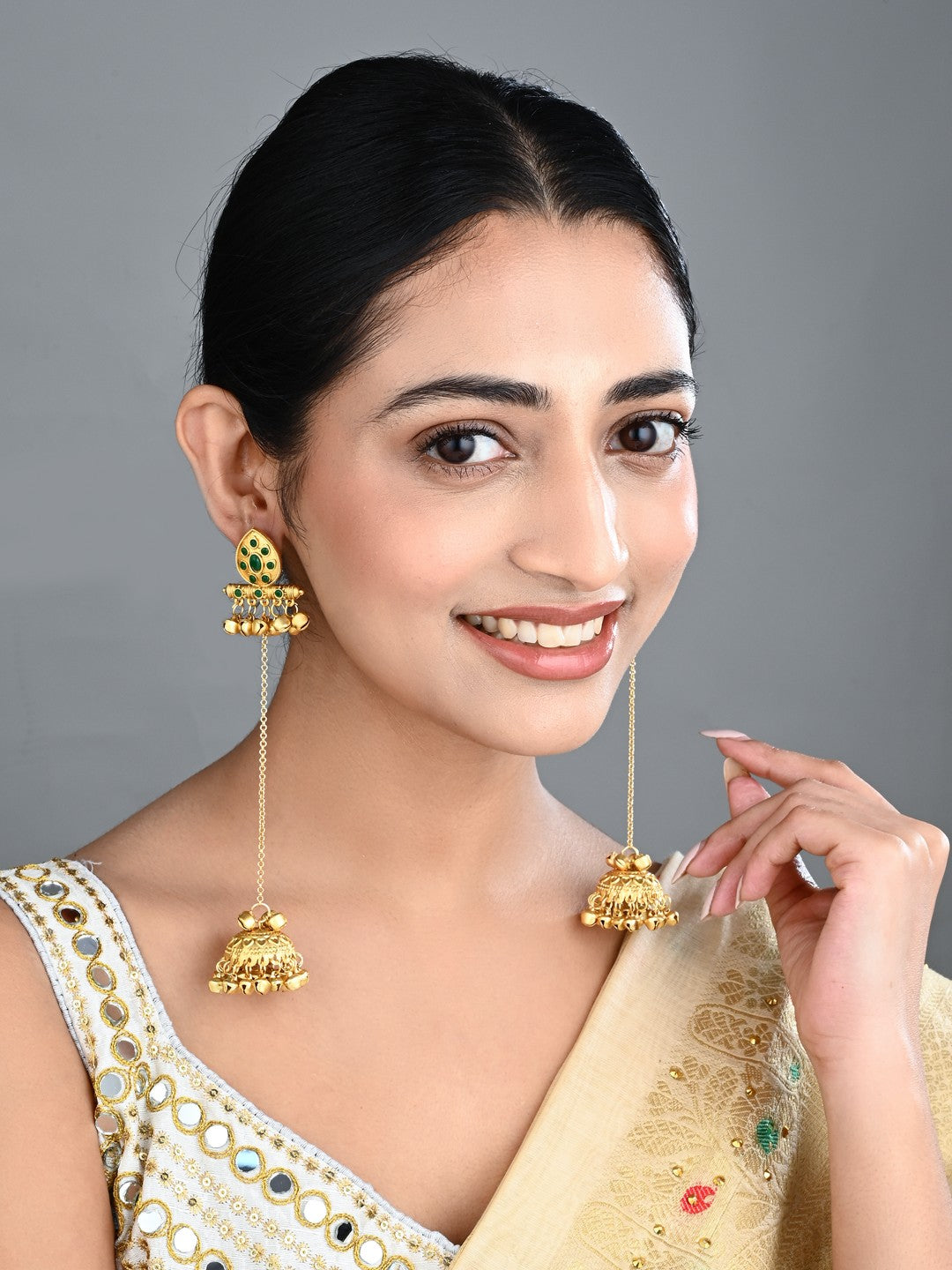 Emerald Temple Jhumka Earrings with Long Chain Tassels