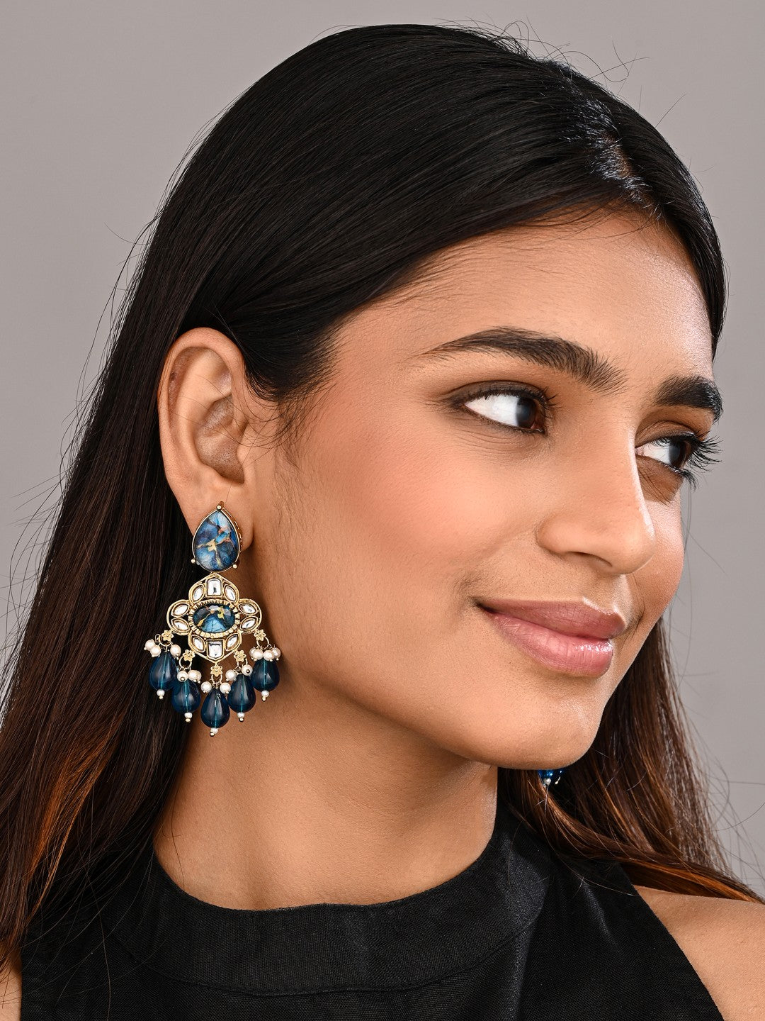 Gold-Plated Blue Kundan Chandelier Earrings with Bead Drops