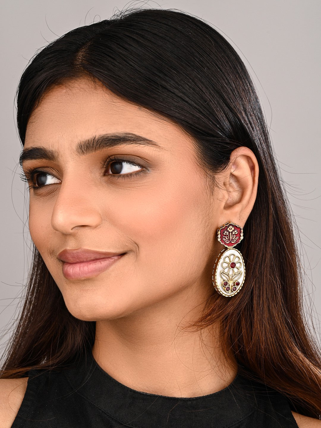 MOP Meenakari Floral Drop Earrings - Red