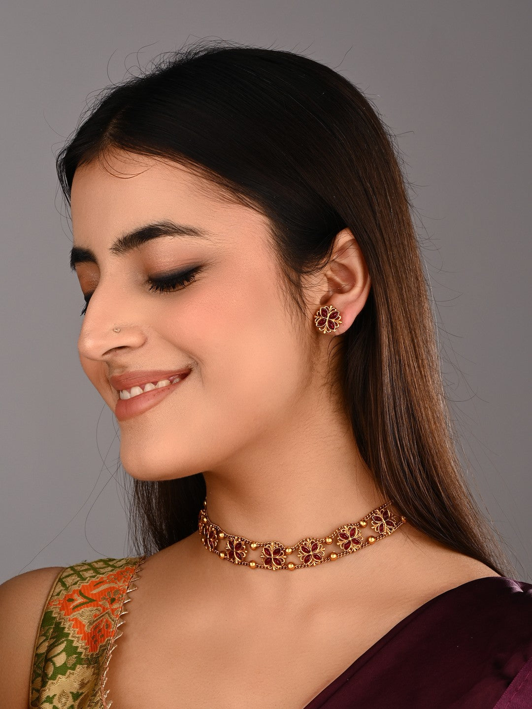 Gold plated floral Necklace set - Red