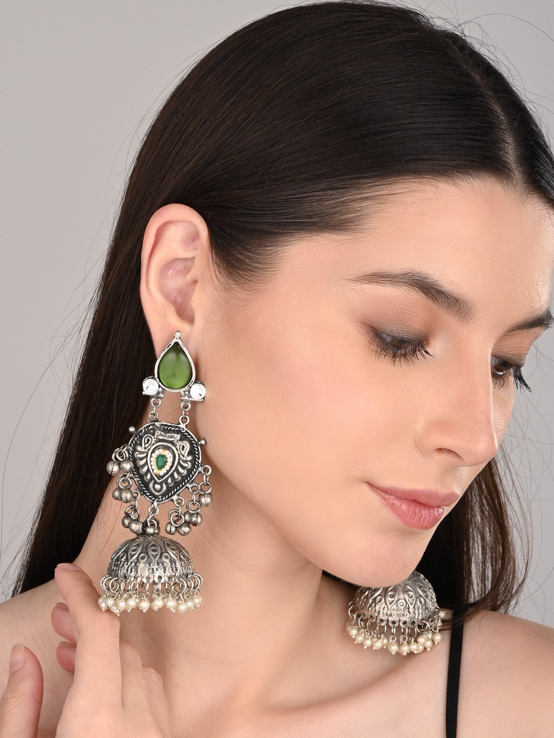 Silver oxydised lightweight long Jhumka Earring - Green
