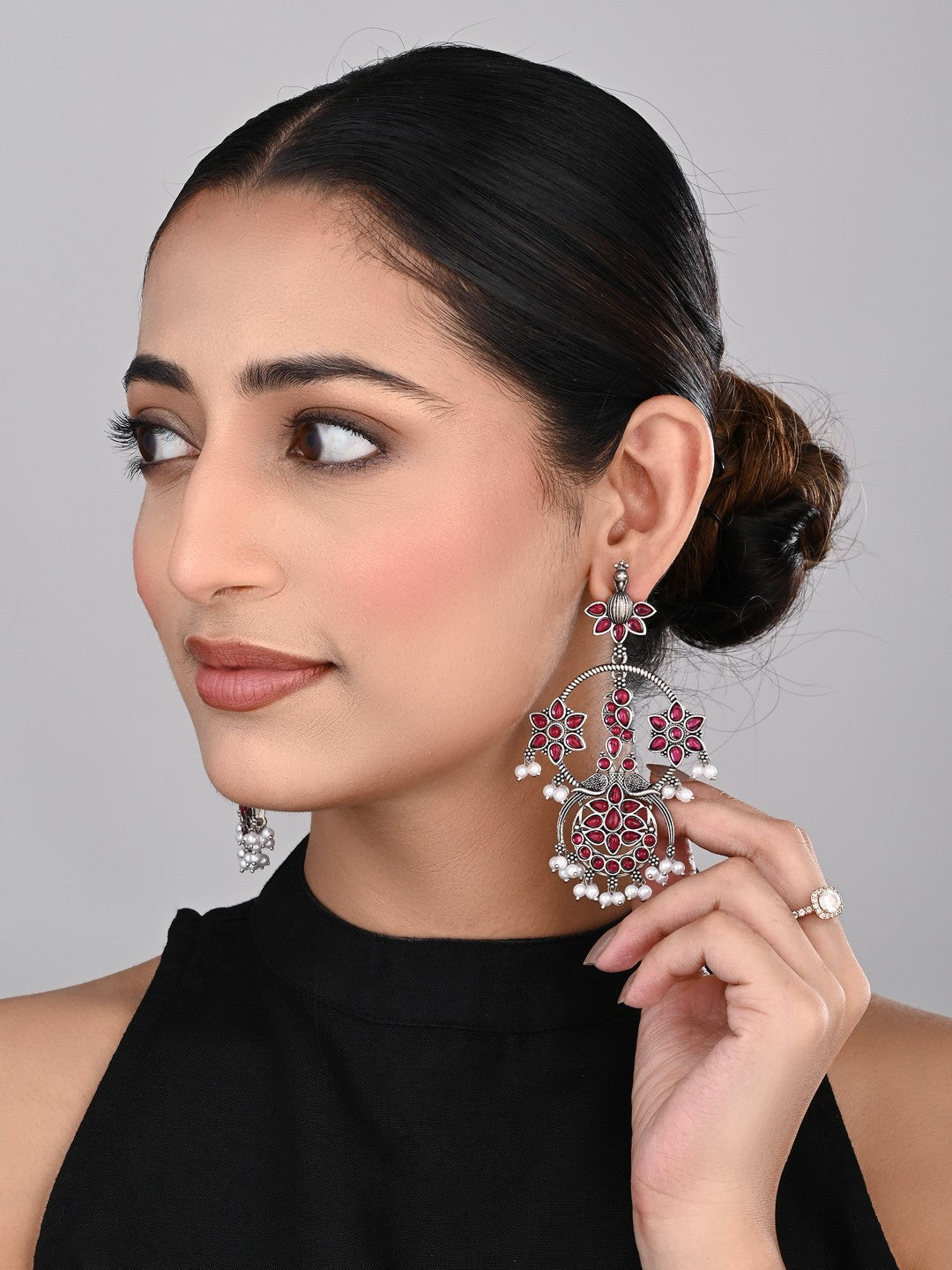 Silver plated contemporary Chandbali with Pink stones