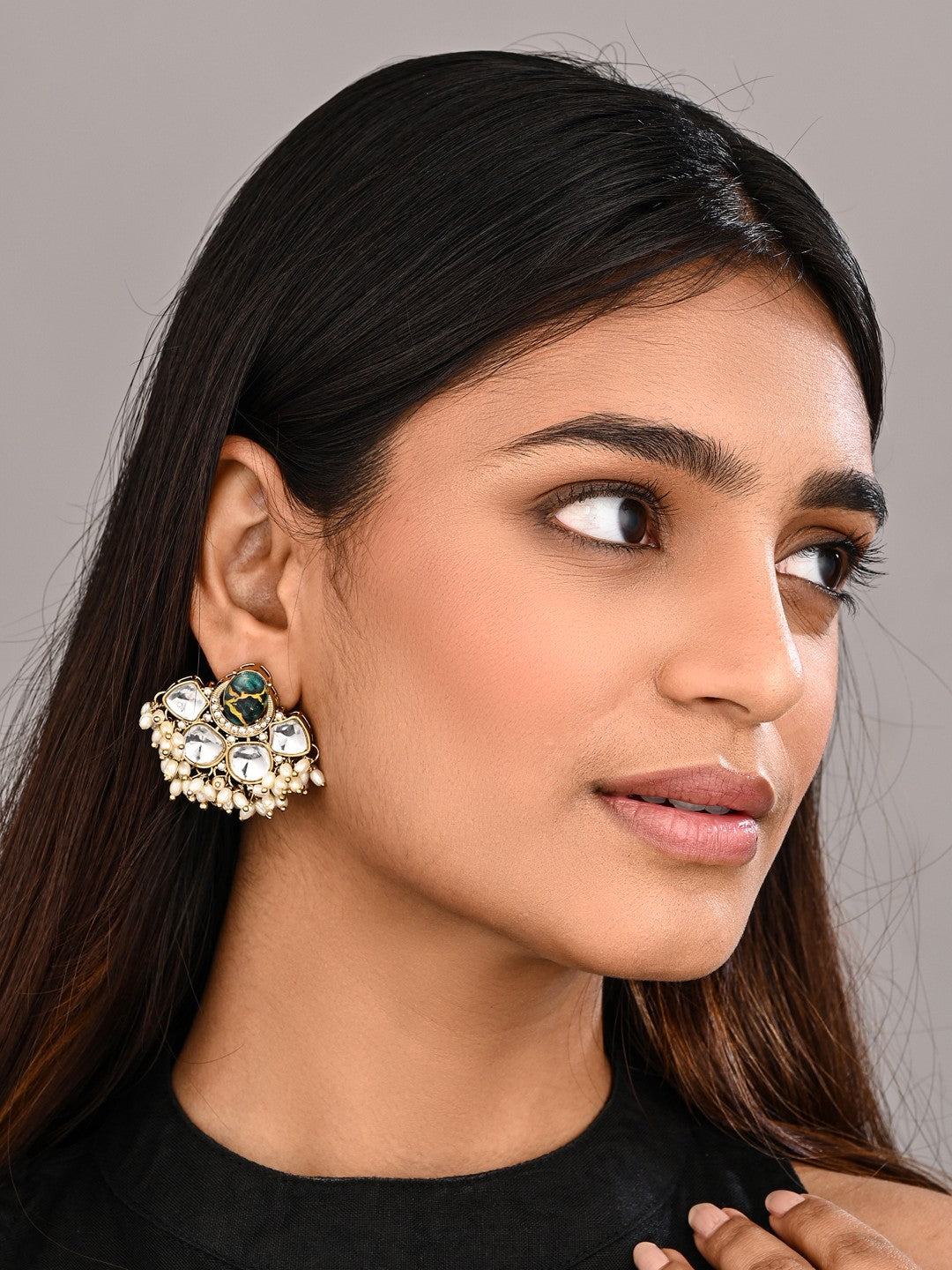 Gold-Plated Green Kundan Half Chandbali Earrings