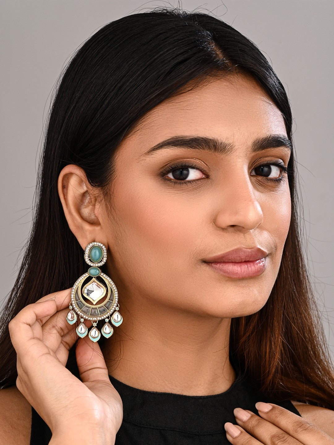 Kundan Chandbali Earrings with Teardrop Danglers- Blue