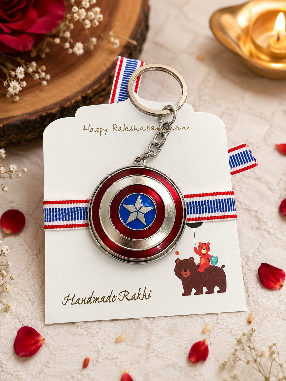 Captain Shield Rakhi Keychain with Superhero Emblem