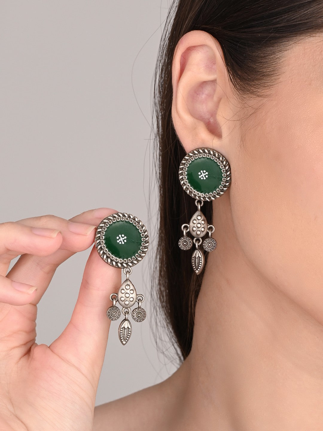Hand-Painted Circular drop earrings Green
