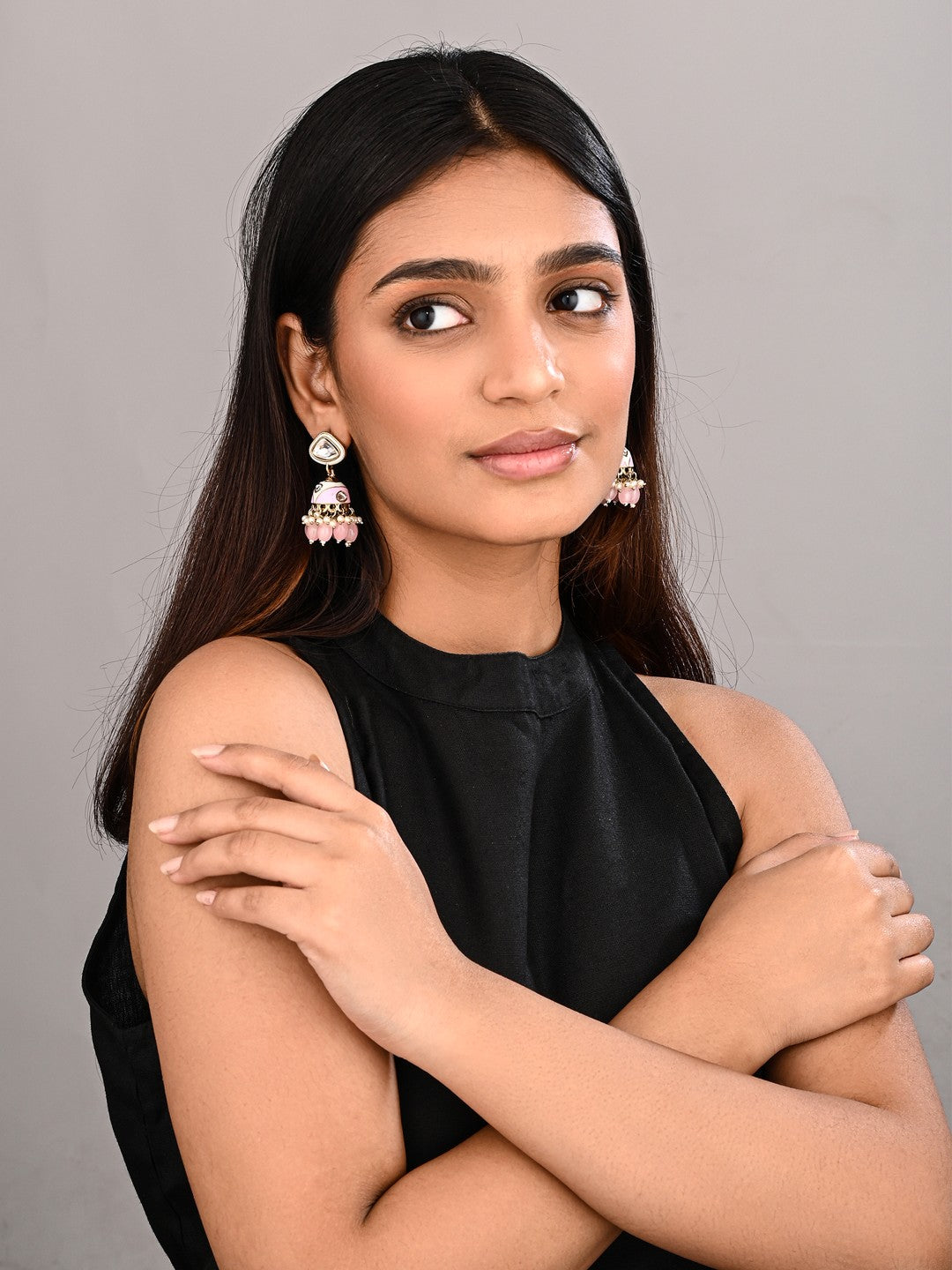 Enamelled Jhumka Earring - Light Pink