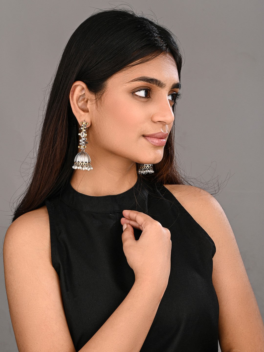 Two-Tone Brass Stone-Studded Jhumka Earrings