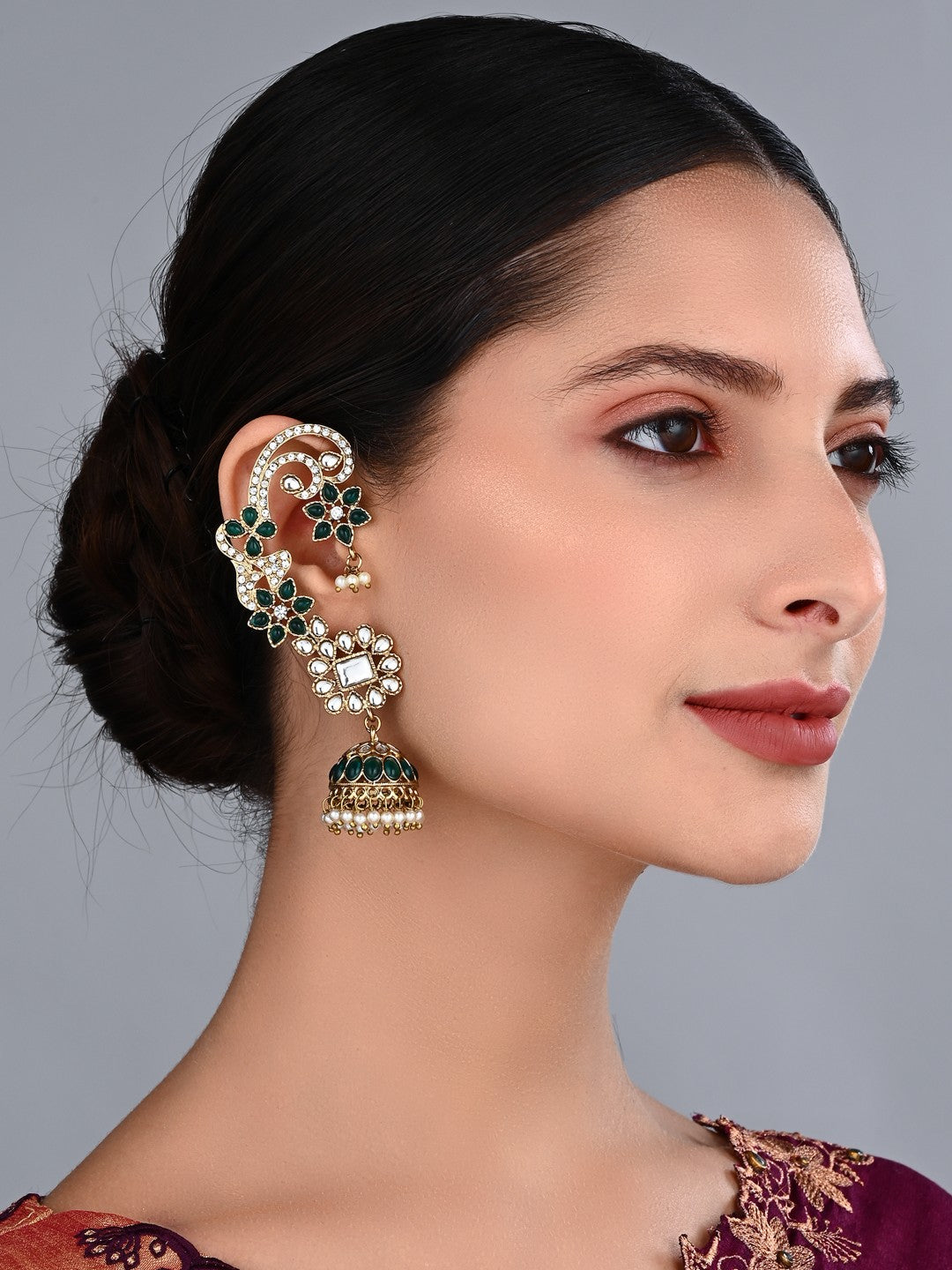Riddhi Green Kundan Jhumka Earrings with Pearl Drops