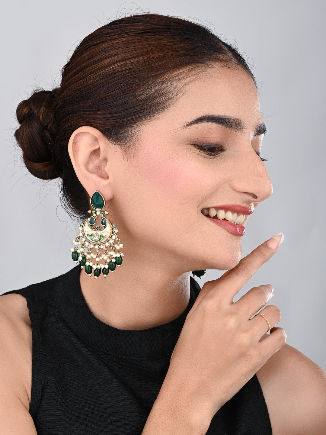 Gold-Plated Meenakari Chandbali Earrings with Kundan & Pearl Drops - Green