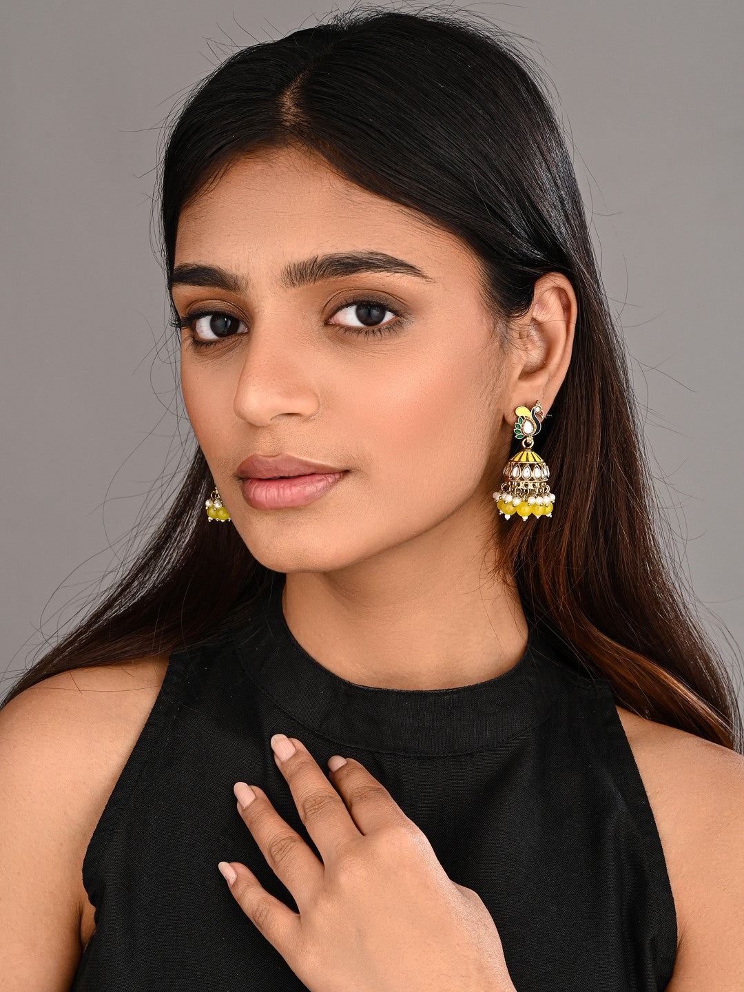 Peacock-inspired jhumka earrings- Yellow