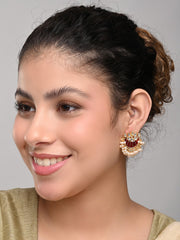 Gold-Plated Brass Half Moon Studs with Meenakari Red